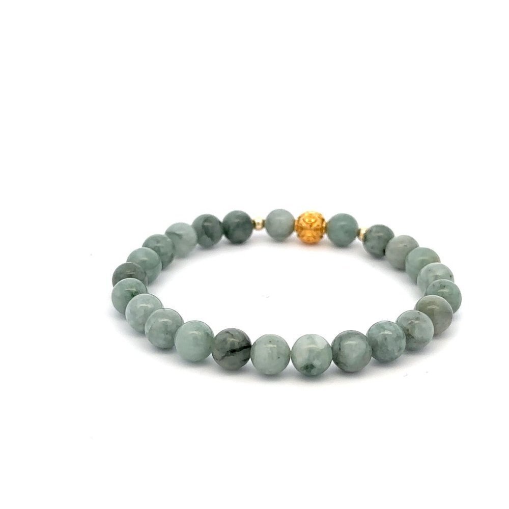 18K Gold Money Ball Lucky Charm Beads Bracelet Gemstone Natural Burmese Jade 6mm - Picture 4 of 5